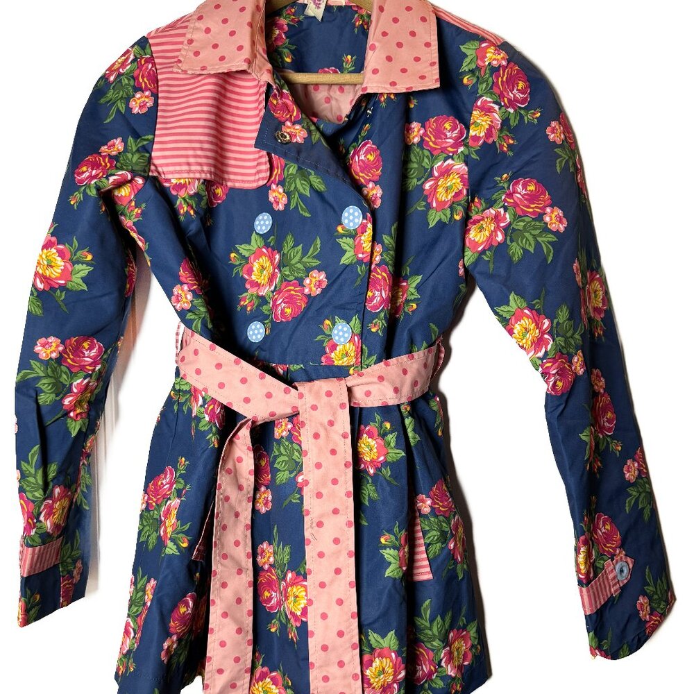 Matilda Jane Down Came The Rain Belted Rain Jacket Coat Navy Pink Floral Sz 14